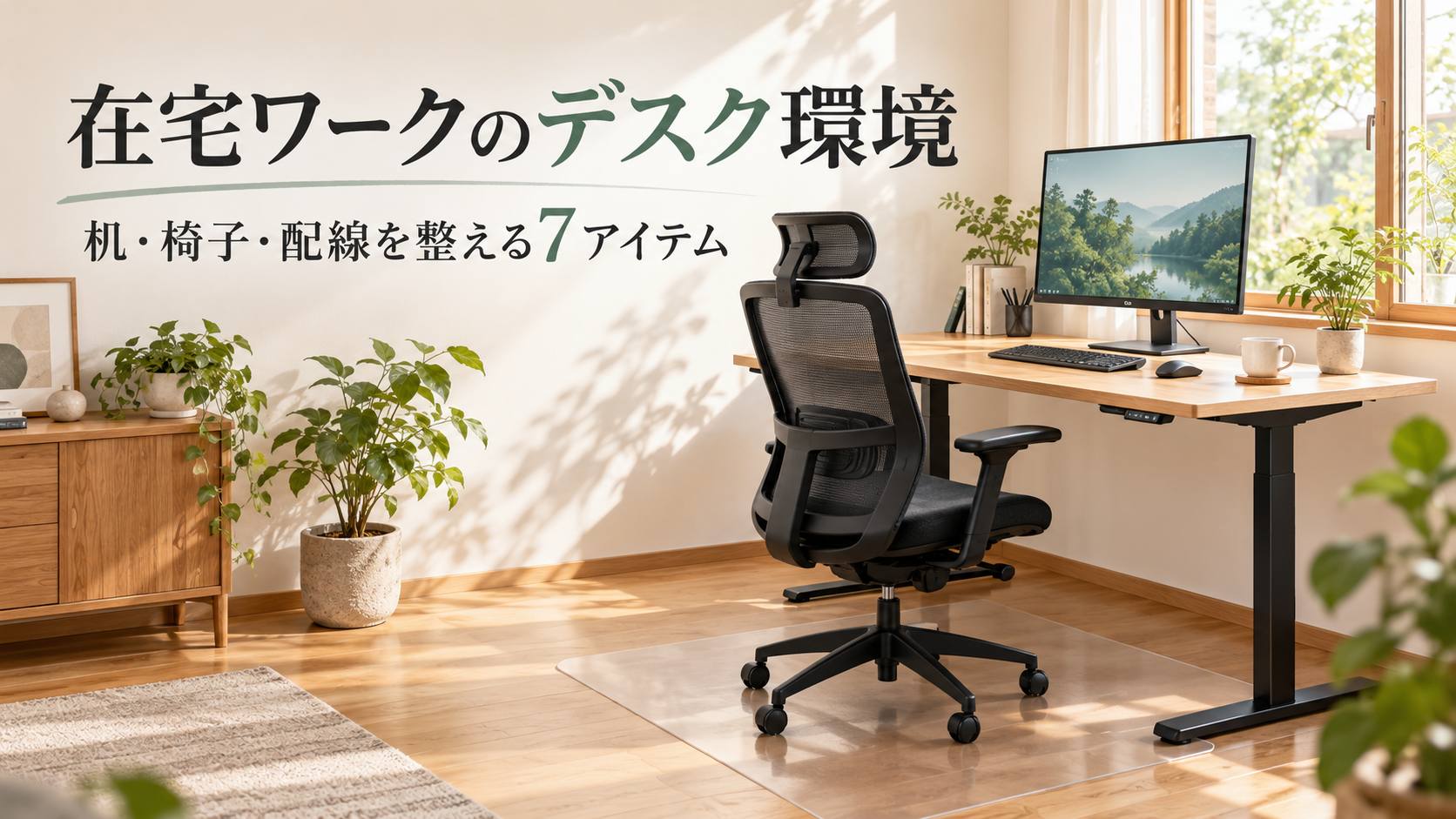 在宅ワークのデスク環境：机・椅子・配線を整える7アイテムのAI生成イメージ