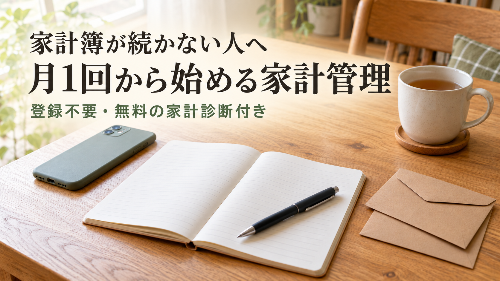 家計簿が続かない人へ。月1回から始める家計管理。登録不要・無料の家計診断付き。ノートとスマートフォンを置いた木のテーブルのイメージ。
